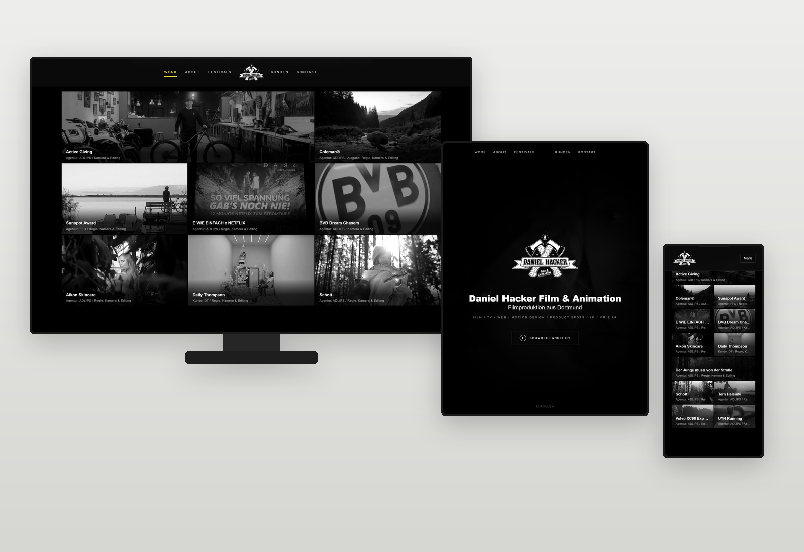 Daniel Hacker 2026 – HTML-Rebuild Responsive Filmportfolio-Website von Daniel Hacker auf drei Endgeräten