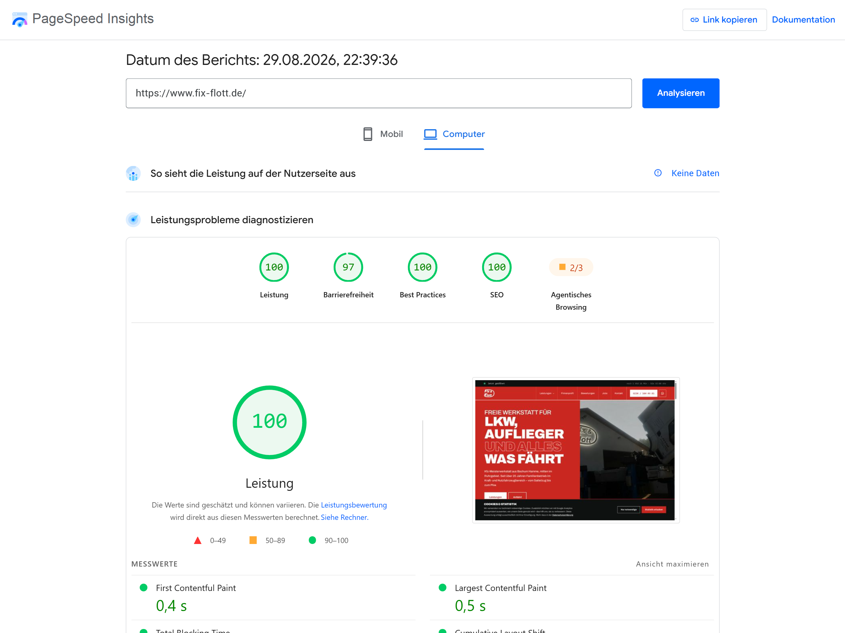 PageSpeed Insights Fix & Flott – Desktopmessung vom 29. August 2026 PageSpeed-Insights-Ergebnis von Fix & Flott mit 100 Punkten Leistung und 100 Punkten SEO am Desktop