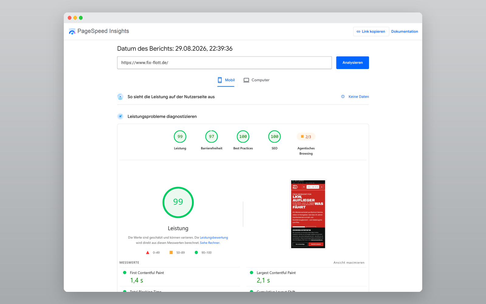 PageSpeed Insights Fix & Flott – Mobilmessung vom 29. August 2026 PageSpeed-Insights-Ergebnis von Fix & Flott mit 99 Punkten Leistung und 100 Punkten SEO mobil