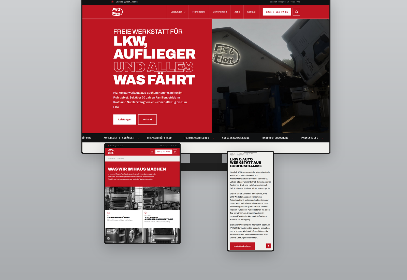 Fix & Flott 2026 – HTML-Rebuild Responsive Werkstatt-Website von Fix & Flott auf drei Endgeräten