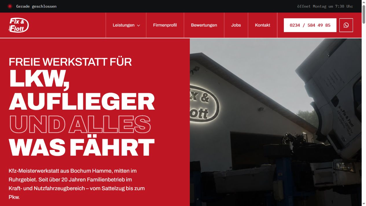 Fix & Flott 2026 – Desktopansicht Startseite der Werkstatt-Website von Fix & Flott im Desktopformat
