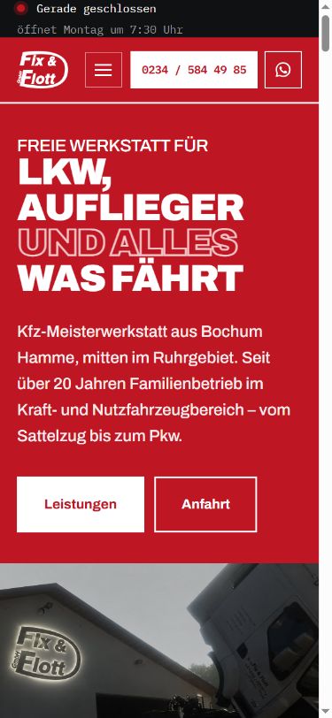 Fix & Flott 2026 – mobile Ansicht Mobile Ansicht der Werkstatt-Website von Fix & Flott