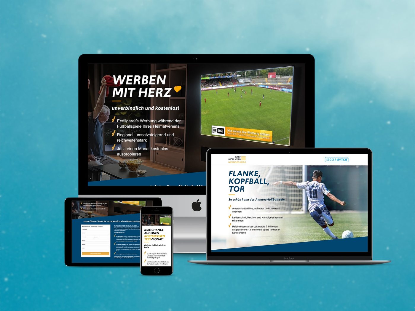 Responsive Landingpage für die soccerwatch.tv-Kampagne Responsive soccerwatch.tv-Kampagne mit Landingpage auf Desktop, Notebook, Tablet und Smartphone