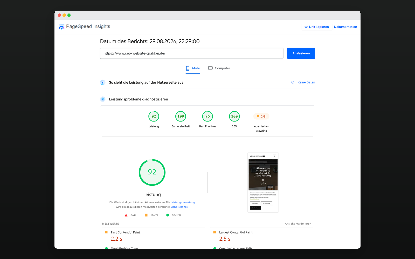PageSpeed-Insights-Ergebnis der mobilen Messung PageSpeed-Insights-Bericht im Browserfenster mit 92 Punkten Leistung, 100 Barrierefreiheit, 96 Best Practices und 100 SEO in der mobilen Messung