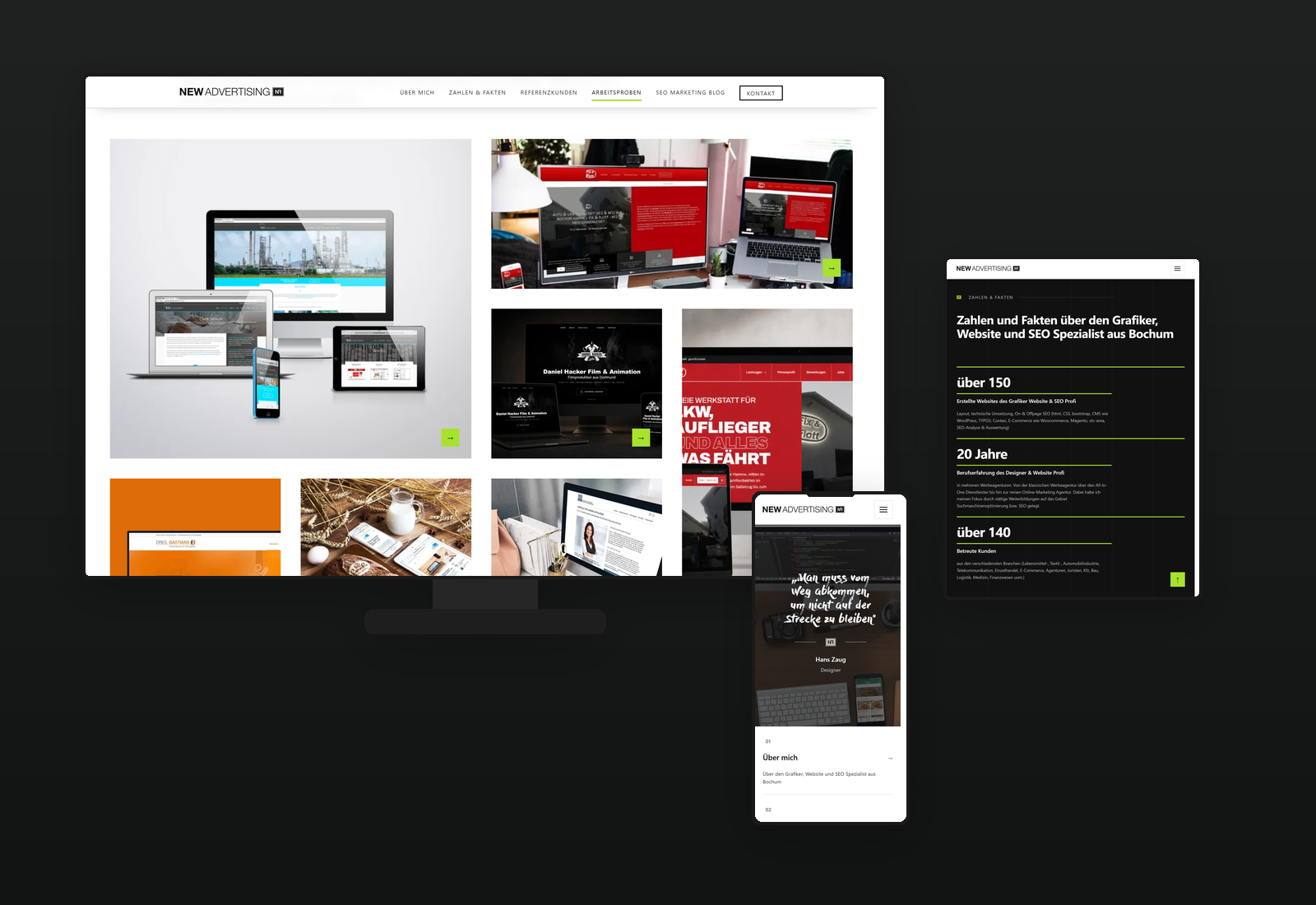 New Advertising 2026 – responsiver HTML-Rebuild Responsive New-Advertising-Website von Ingo Schütte auf Desktop, Notebook und Smartphone