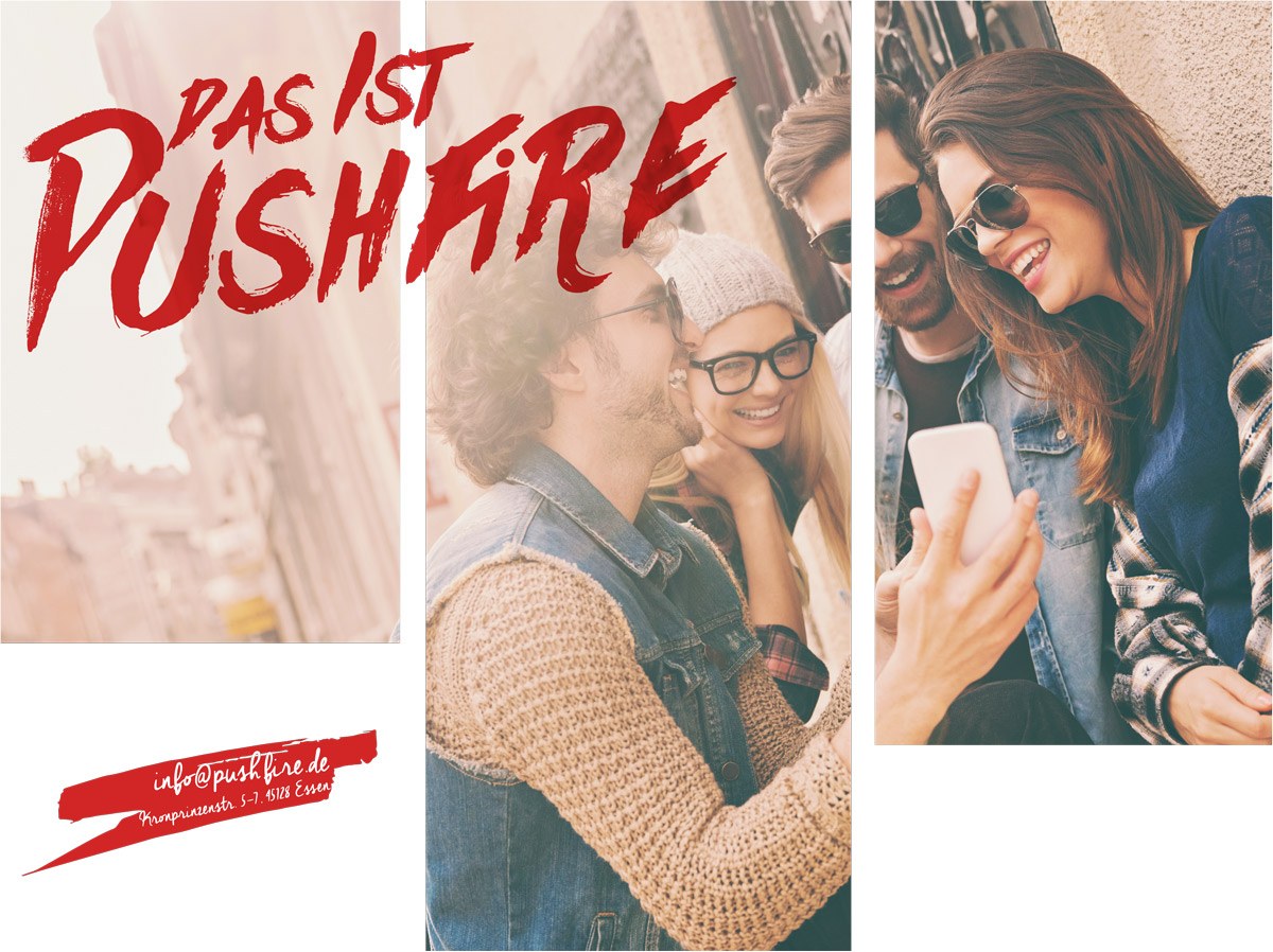 Visuals für die Pushfire-Website Pushfire-Markenvisual mit junger Zielgruppe und Smartphone