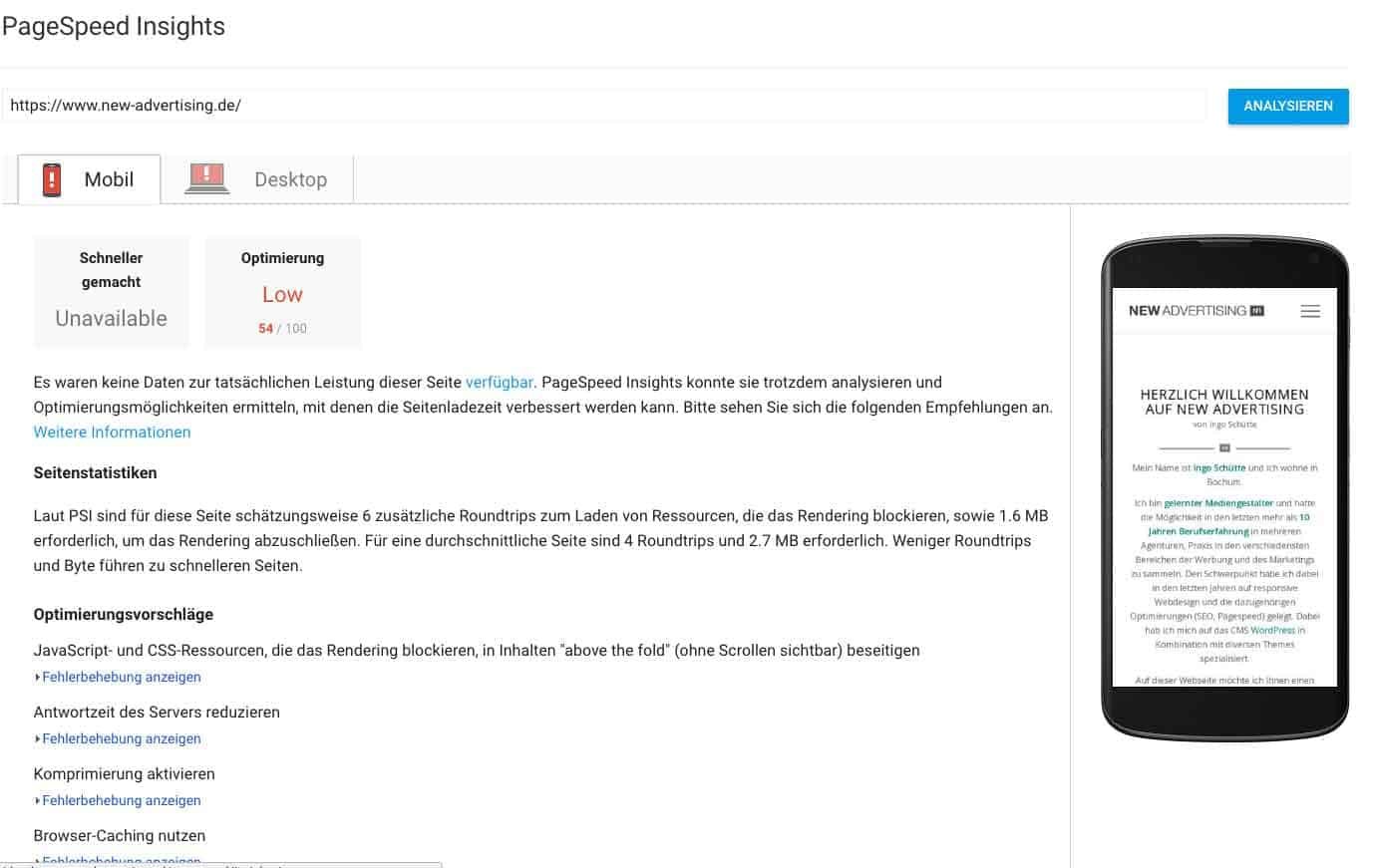 Pagespeedergebnis vor meinen Optimierungen meiner WordPress Website 2018 - SEO Marketing Blog - Ingo Schütte – Grafiker, Website & SEO Spezialist aus Bochum
