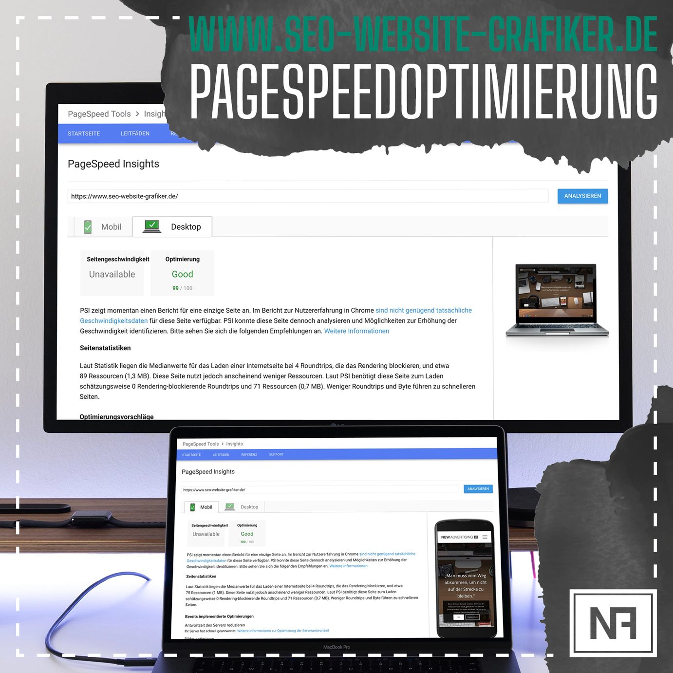 Pagespeedoptimierung der eigenen WordPress-Website nach einem Google-Update, dargestellt auf Desktop und Smartphone