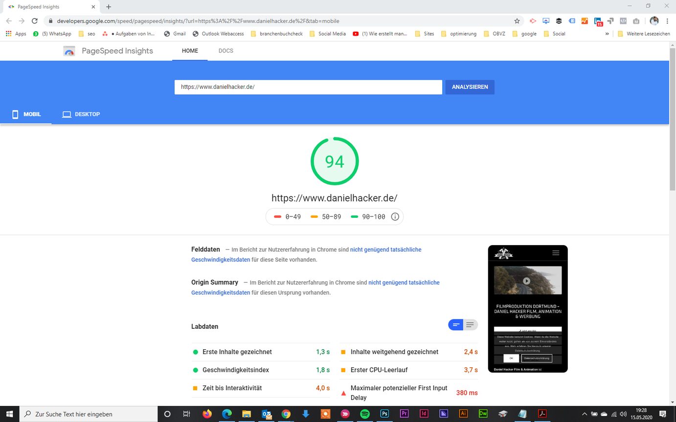 Pagespeed-Auswertung der Website von Daniel Hacker Film und Animation nach der SEO-Optimierung