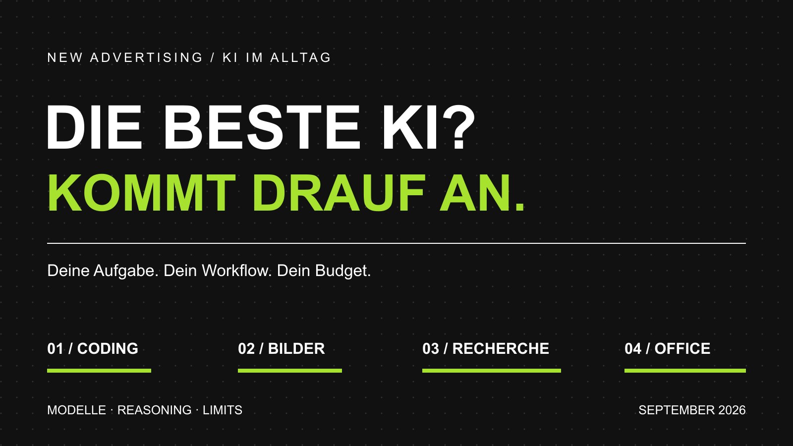 Welche KI passt zu dir? Die beste KI? Kommt drauf an: Aufgabe, Workflow und Budget für Coding, Bilder, Recherche und Office